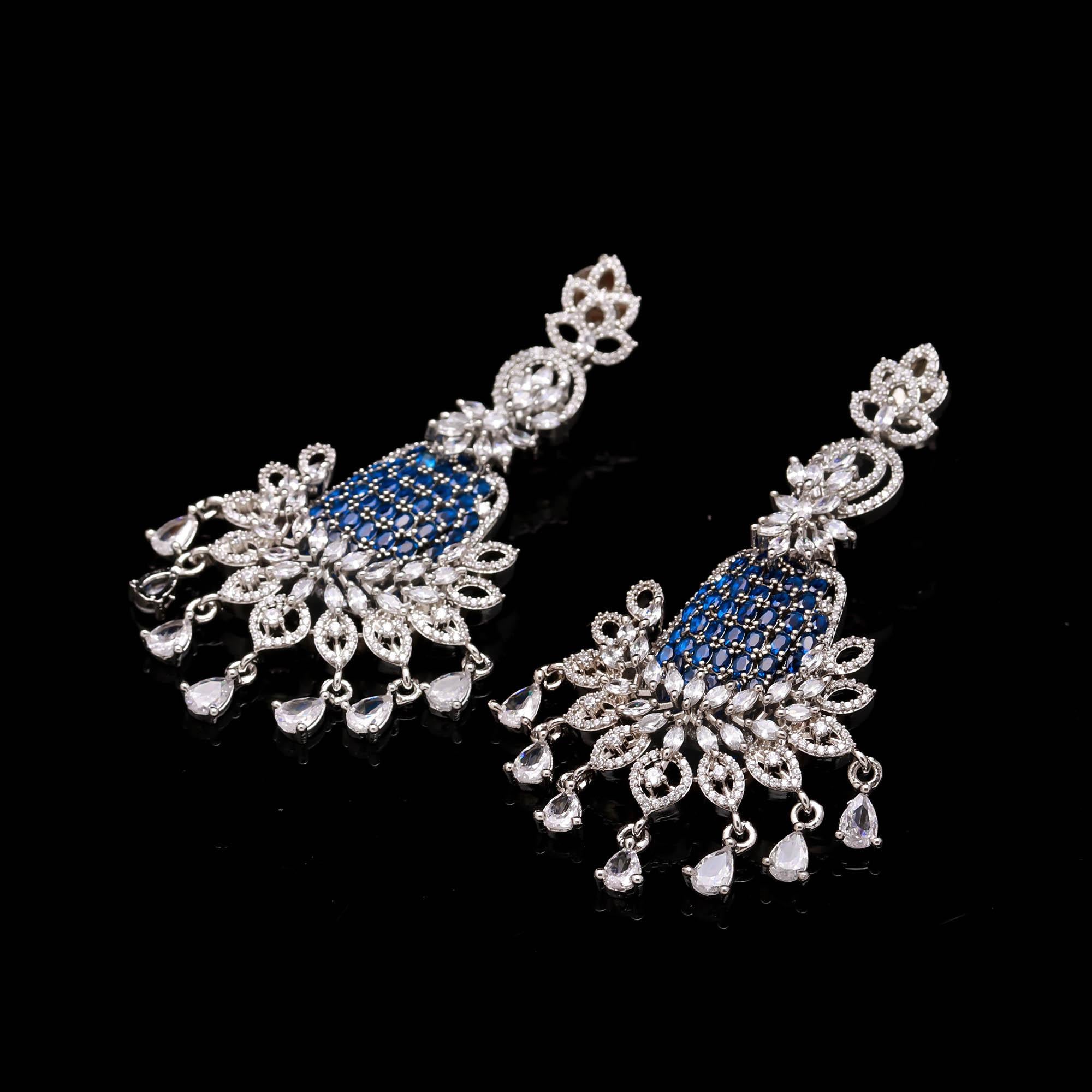 Royal Blue & White Stone Designer Jhumka Earrings | American Diamond Silver-Plated Bridal Wear Danglers